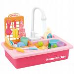 Žaislinė virtuvės kriauklė su indais ir bėgančiu vandeniu SINK rožinė